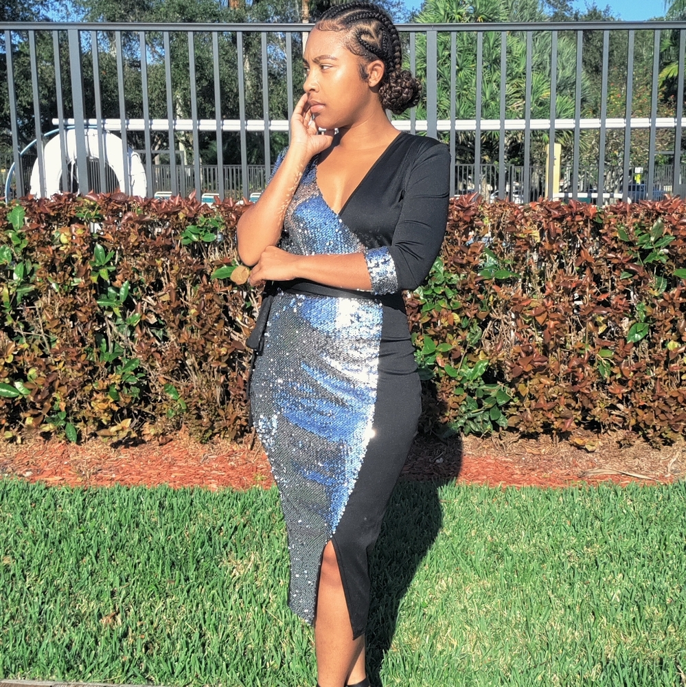 Sequin silver and black cotton wrap midi length dress size small